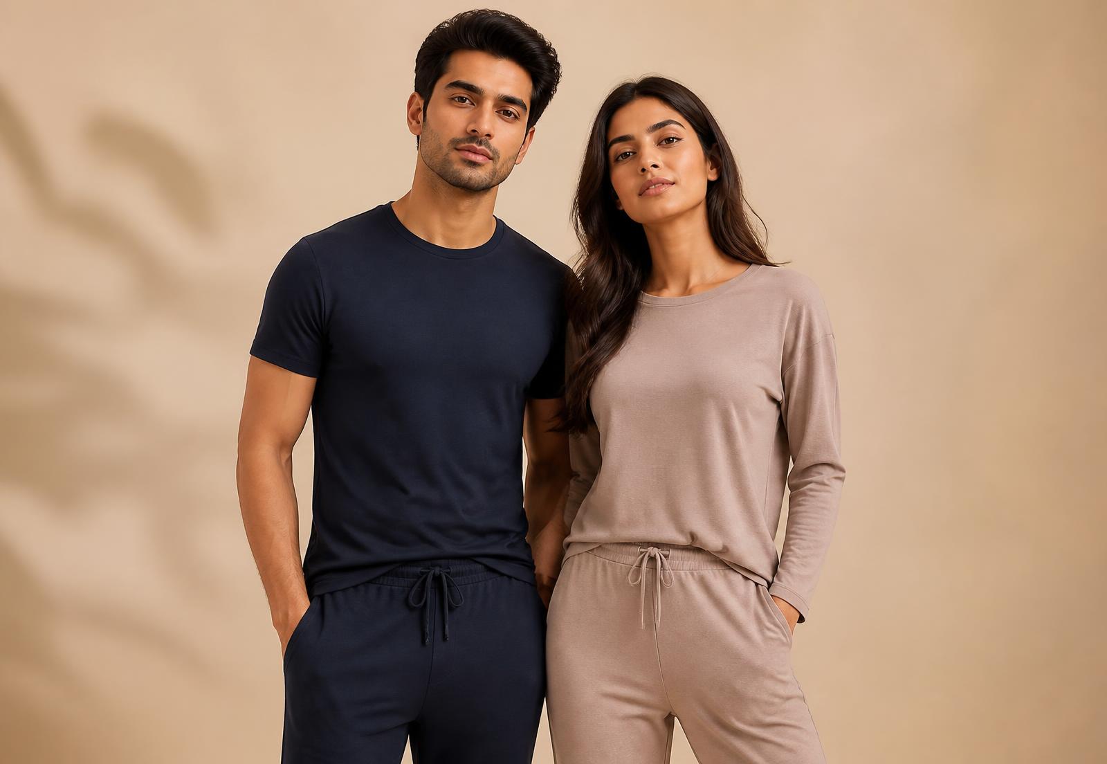 Man and woman wearing premium cotton innerwear and loungewear